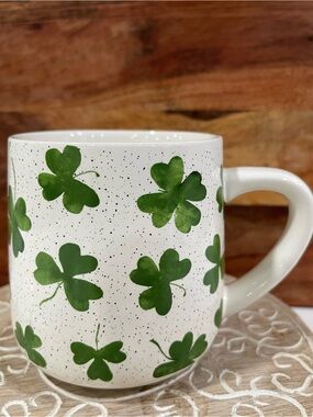 White Ceramic Mug with Green Shamrock Pattern